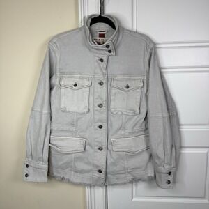 Free People Denim Field Jacket Women's Small Large Ecru Grey Raw Hem Boho Safari